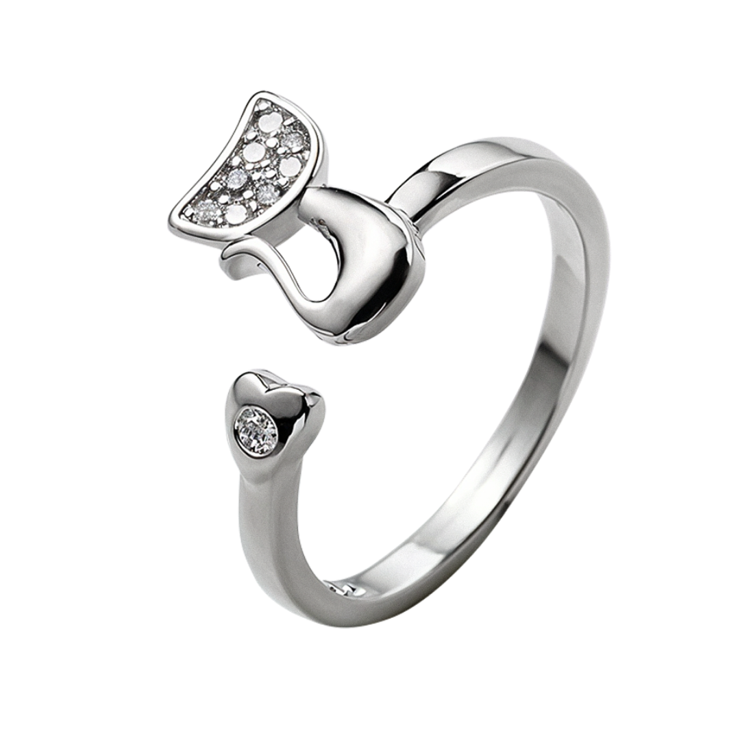 Janice | Anillo abierto de gato con detalles brillantes | Anillo de plata