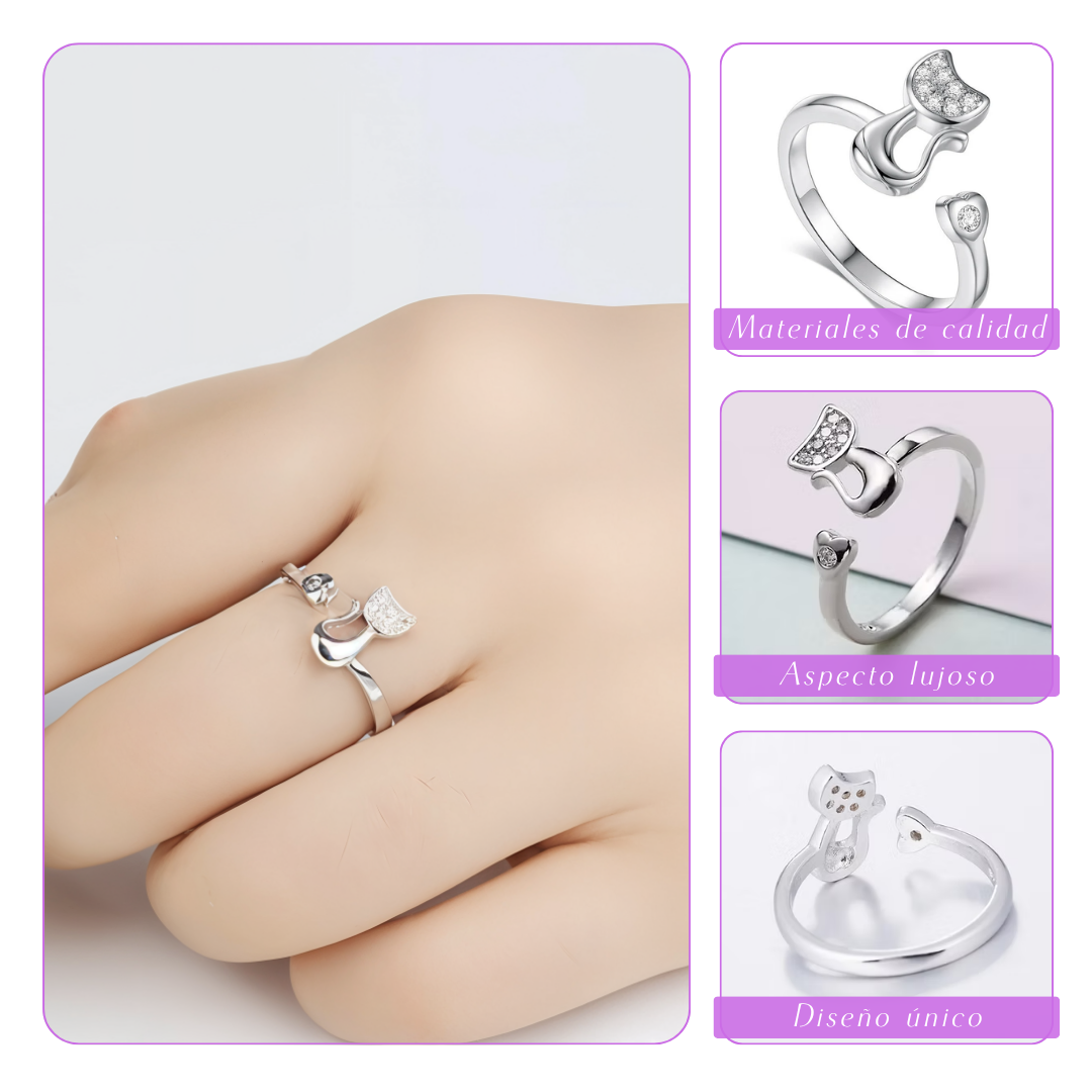 Janice | Anillo abierto de gato con detalles brillantes | Anillo de plata