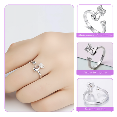 Janice | Anillo abierto de gato con detalles brillantes | Anillo de plata