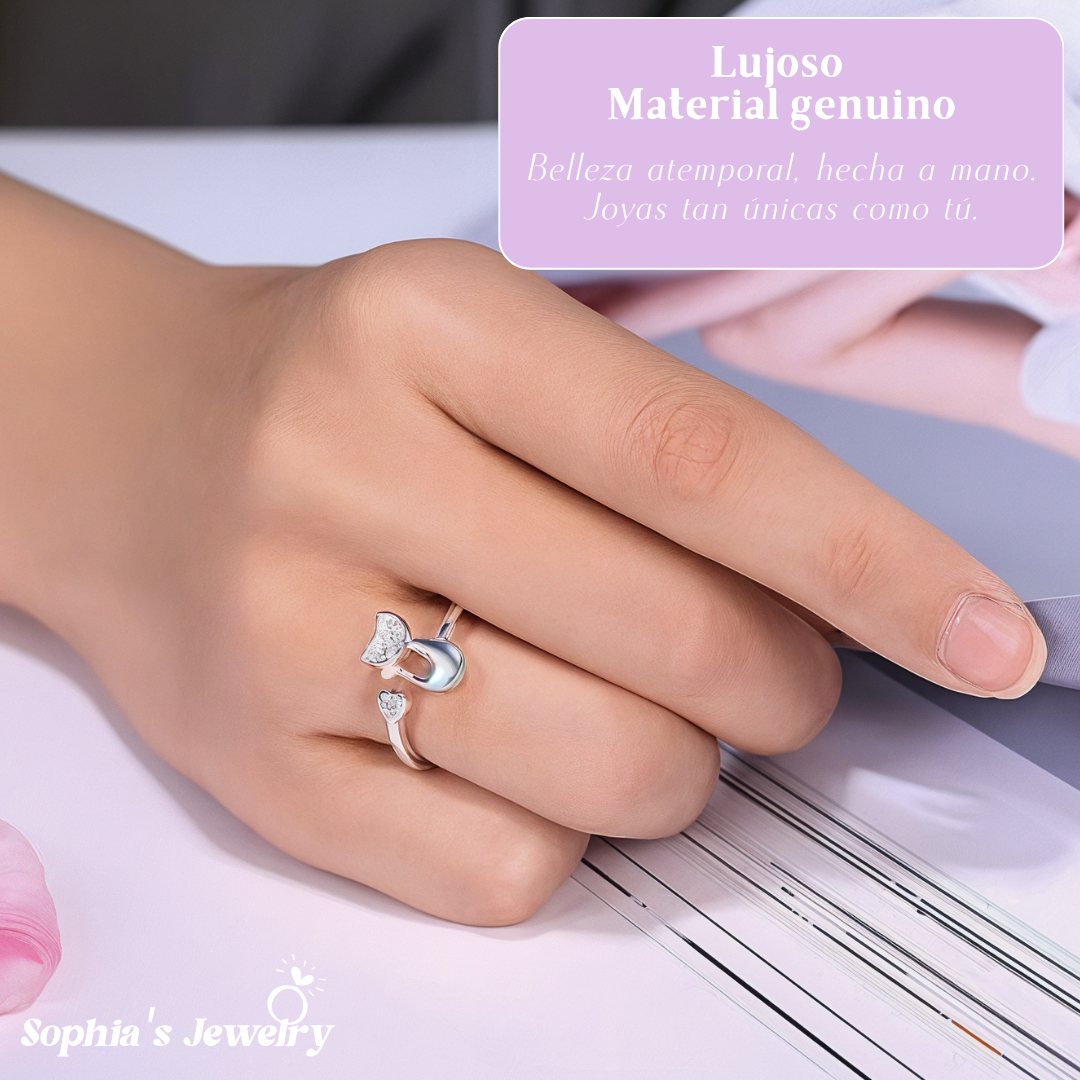 Janice | Anillo abierto de gato con detalles brillantes | Anillo de plata