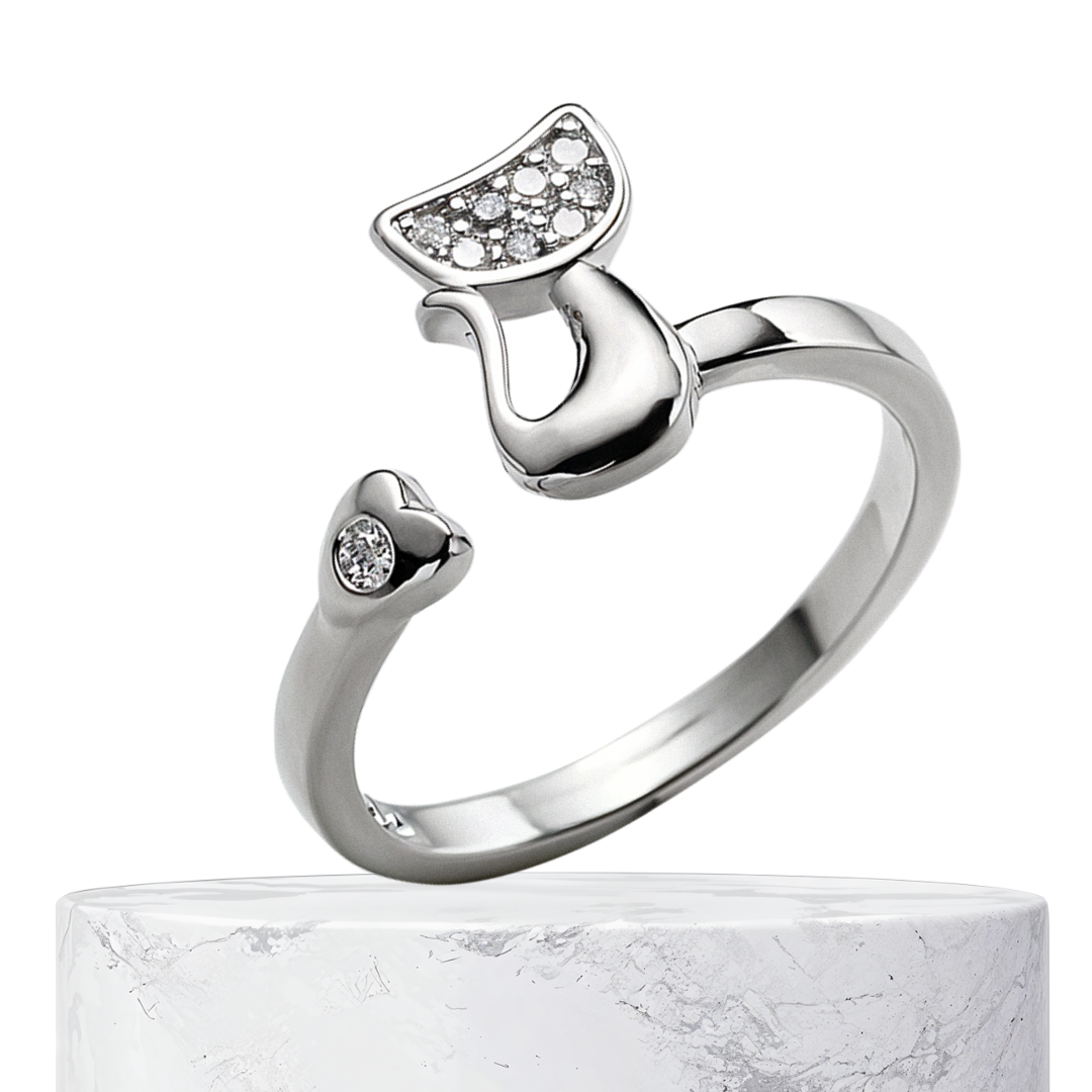 Janice | Anillo abierto de gato con detalles brillantes | Anillo de plata