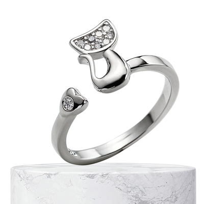 Janice | Anillo abierto de gato con detalles brillantes | Anillo de plata
