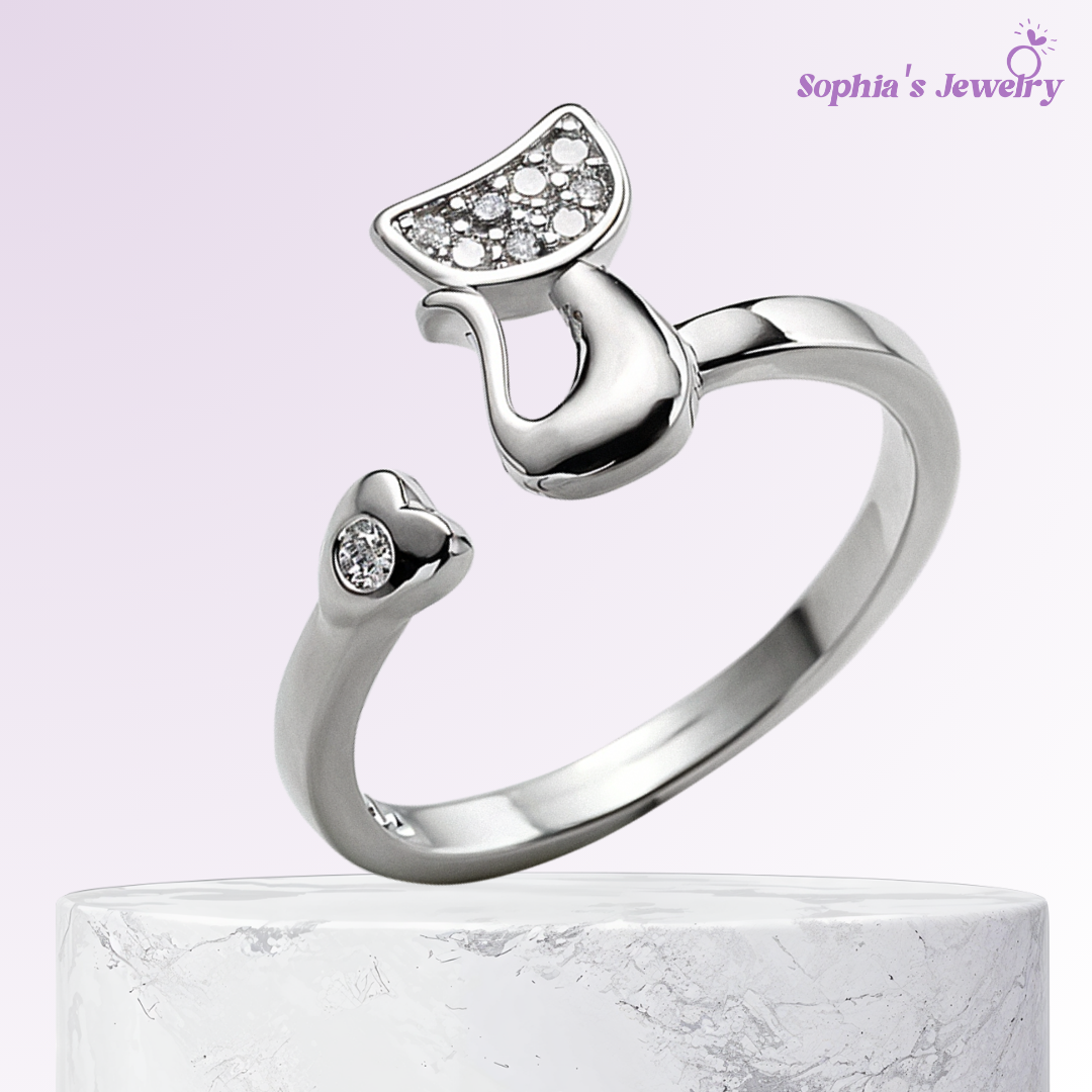 Janice | Anillo abierto de gato con detalles brillantes | Anillo de plata