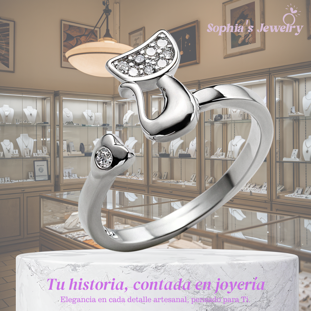 Janice | Anillo abierto de gato con detalles brillantes | Anillo de plata