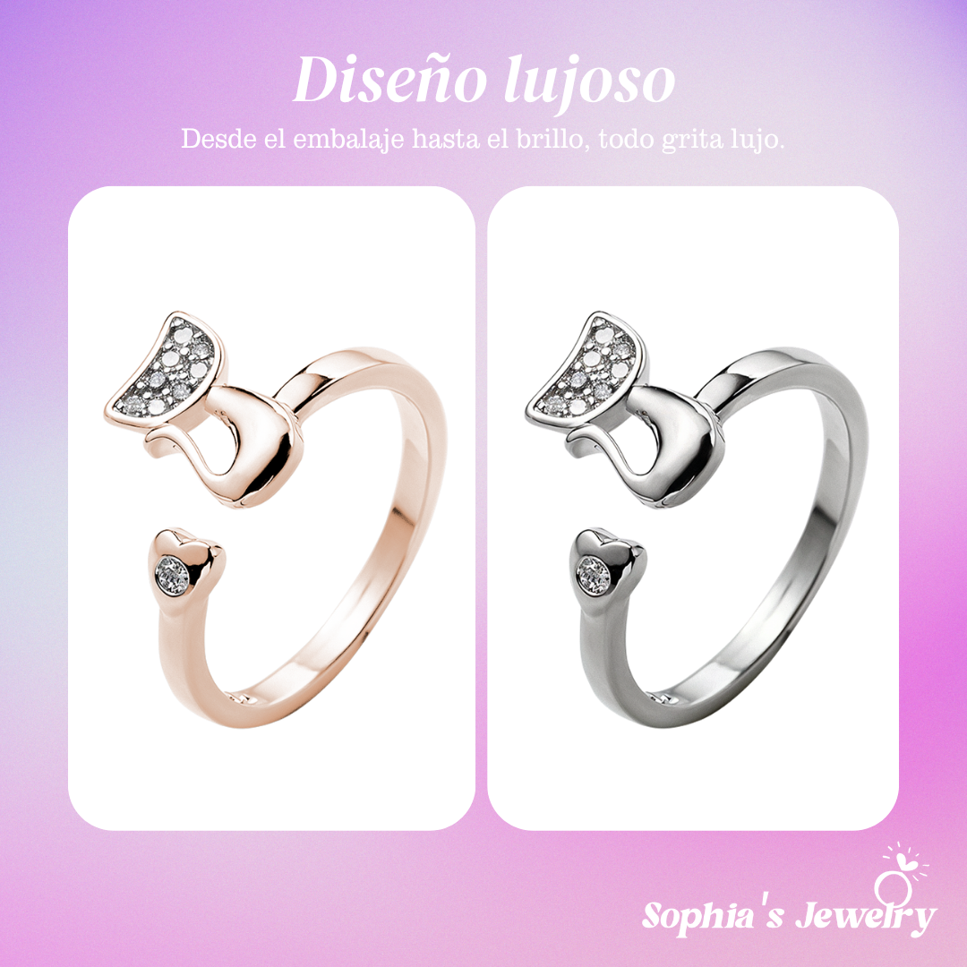Janice | Anillo abierto de gato con detalles brillantes | Anillo de plata