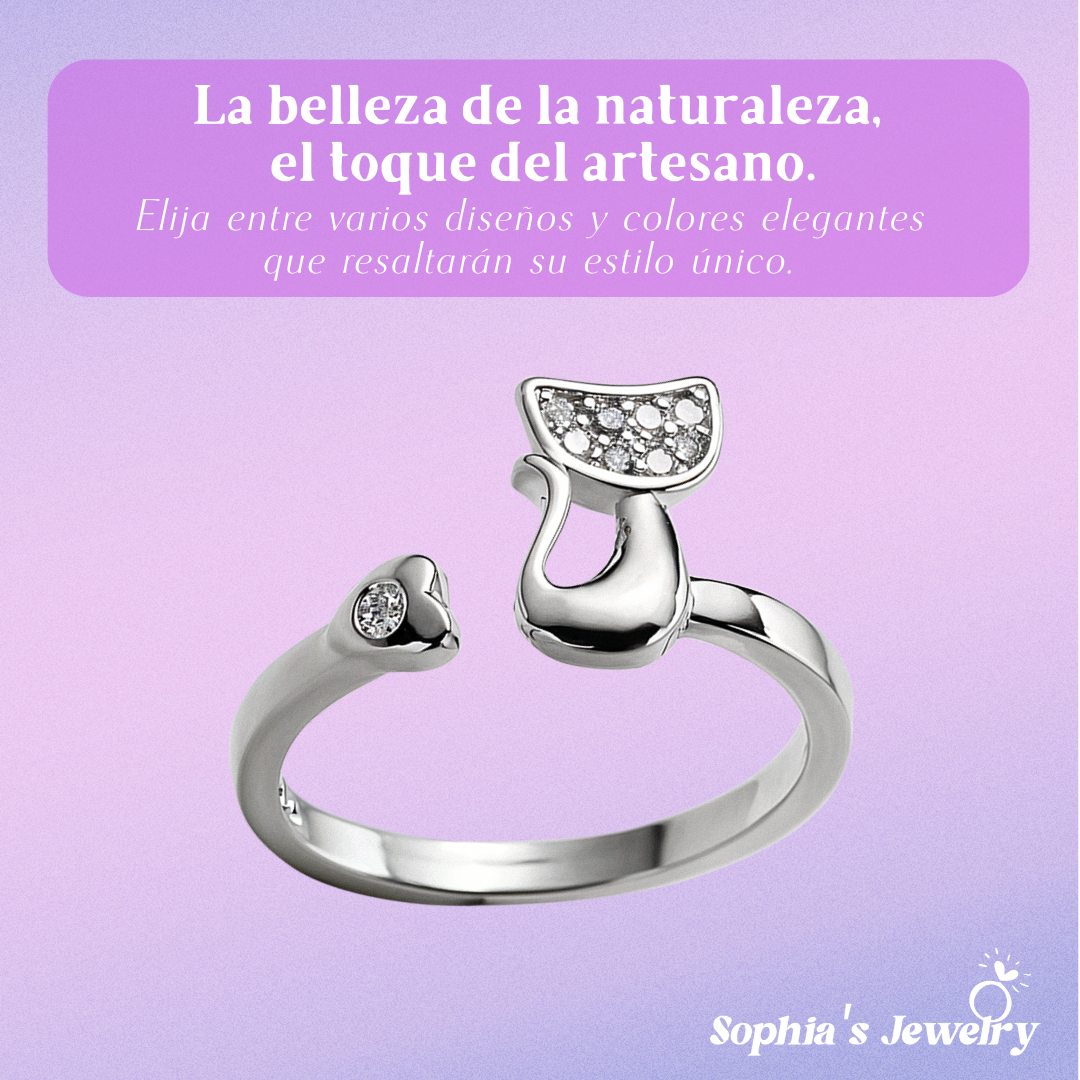 Janice | Anillo abierto de gato con detalles brillantes | Anillo de plata