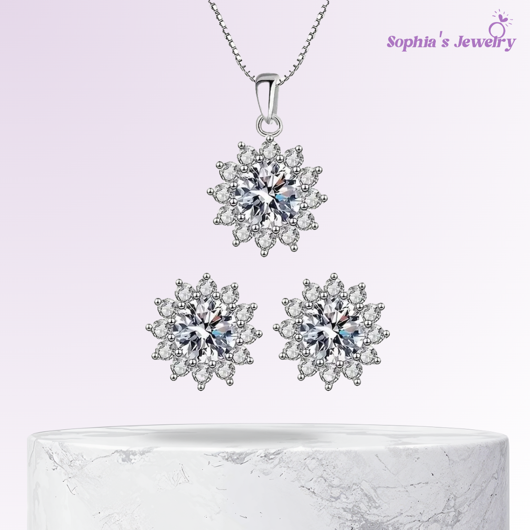 Patricia | Juego de joyería plateada con circonia en forma de flor