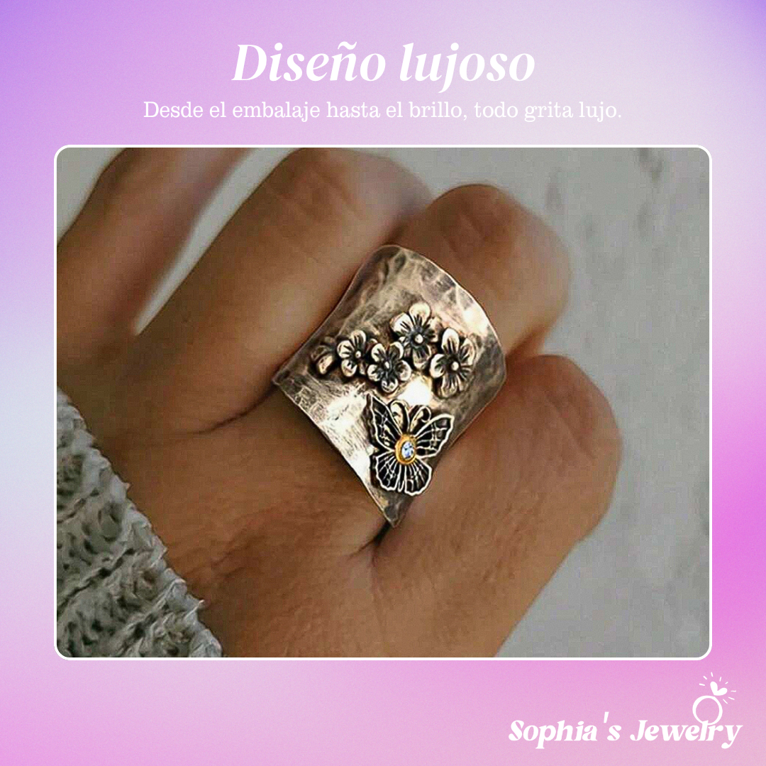 Lyndie | Anillo de plata con diseño floral y mariposas